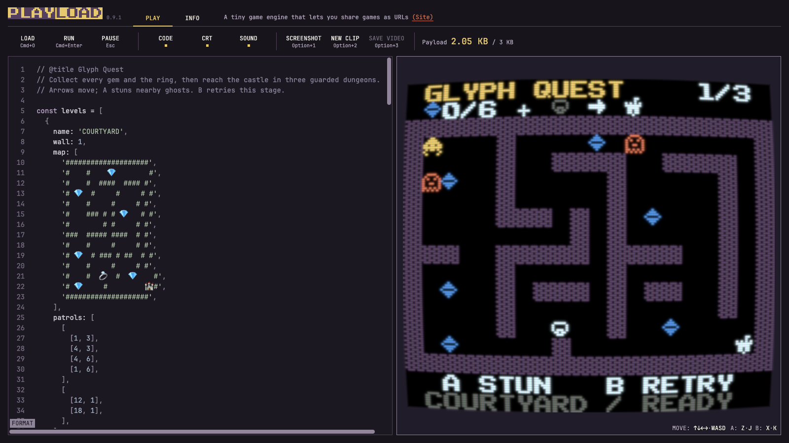 The code editor beside a running Glyph Quest game