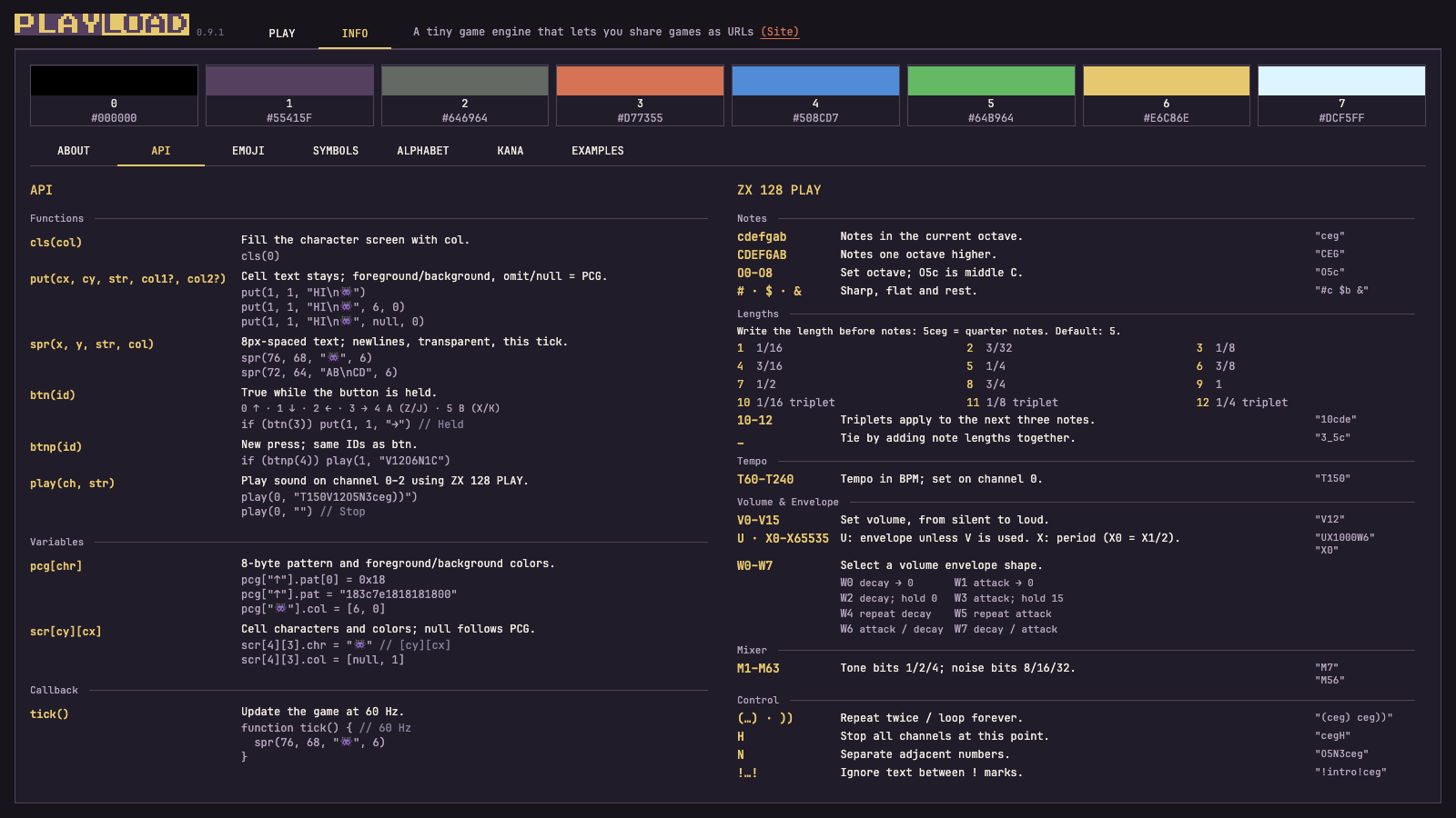 The complete game API and ZX 128 PLAY sound cheat sheets