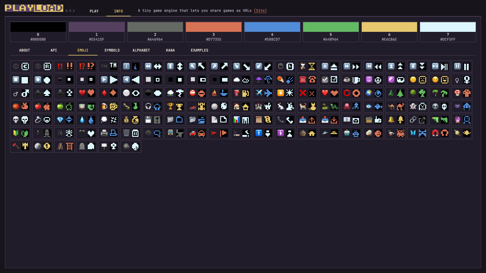 Emoji alongside their built-in 8 by 8 pixel artwork