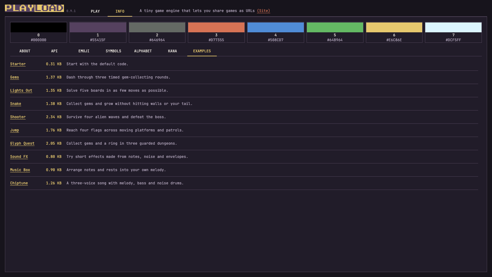 Playable game and sound examples with their source inside the URL